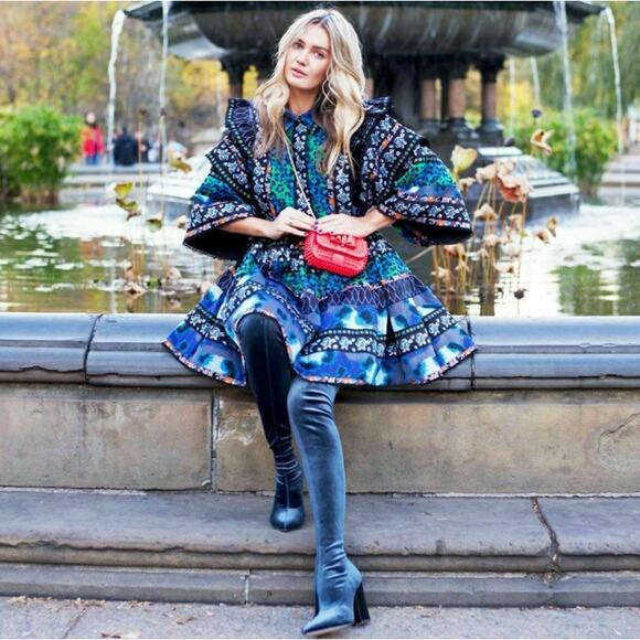 ZARA Over the Knee Boots Stretch Velvet Pointed Toe Block High Heel Blue/ Gray - Picture 2 of 15